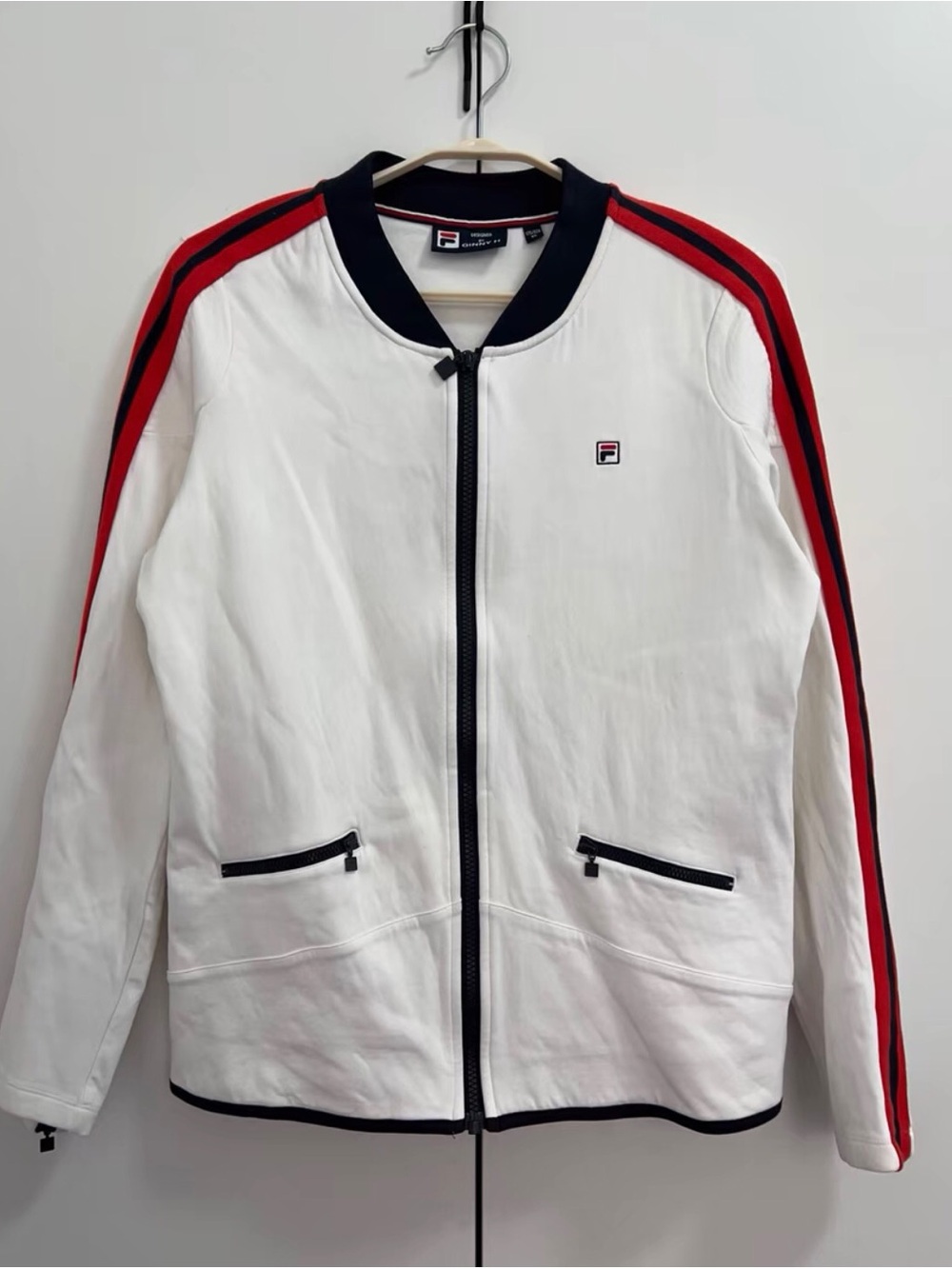 Fila White Zip Track Jacket with Red & Navy Shoulder Stripes